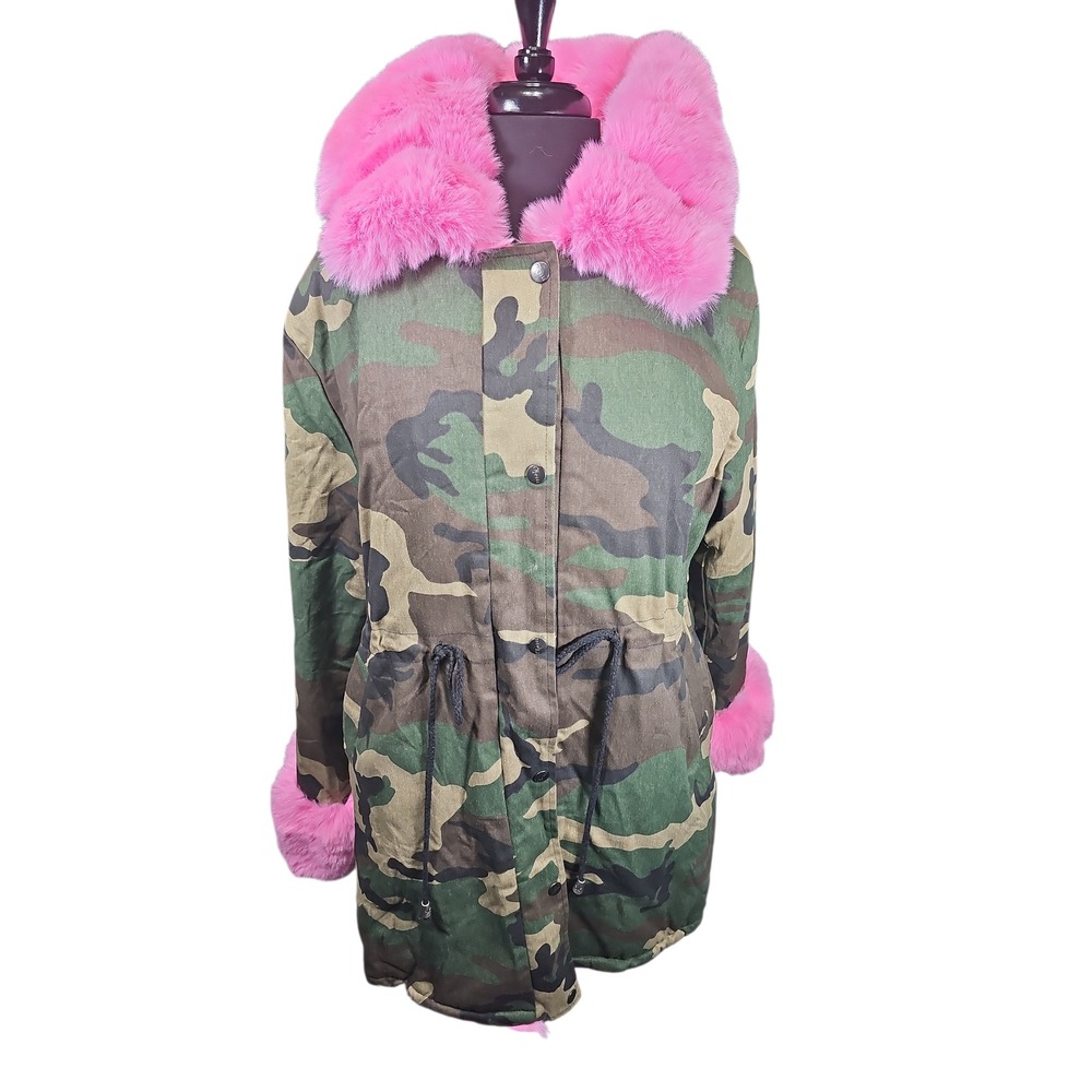 NWOT Roiii Pink Faux Fur-lined Coat with Camo Cotton Blend Shell - Picture 5 of 7